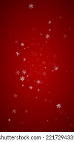 Fallende Schneeflocken Weihnachtshintergrund. Subtile fliegende Schneeflocken und Sterne auf christlich-rotem Hintergrund. Schneeflocken-Overlay mit schönem Abfallen. Vertikale Vektorgrafik.