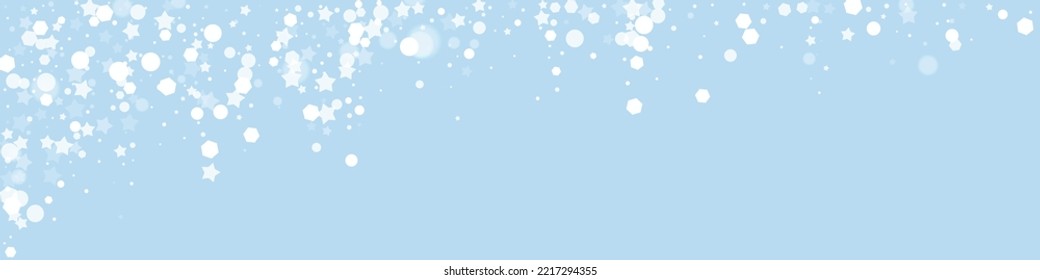 Fallende Schneeflocken Weihnachtshintergrund. Subtile fliegende Schneeflocken und Sterne auf hellblauem Winterhintergrund. Schneeflocken-Overlay mit schönem Abfallen. Panoramavektorgrafik.