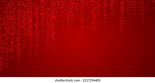 Falling snowflakes christmas background. Subtle flying snow flakes and stars on christmas red background. Beautifully falling snowflakes overlay. Wide vector illustration.