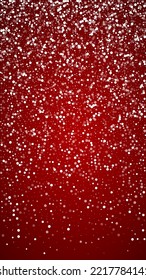 Falling snowflakes christmas background. Subtle flying snow flakes and stars on christmas red background. Beautifully falling snowflakes overlay. Vertical vector illustration.