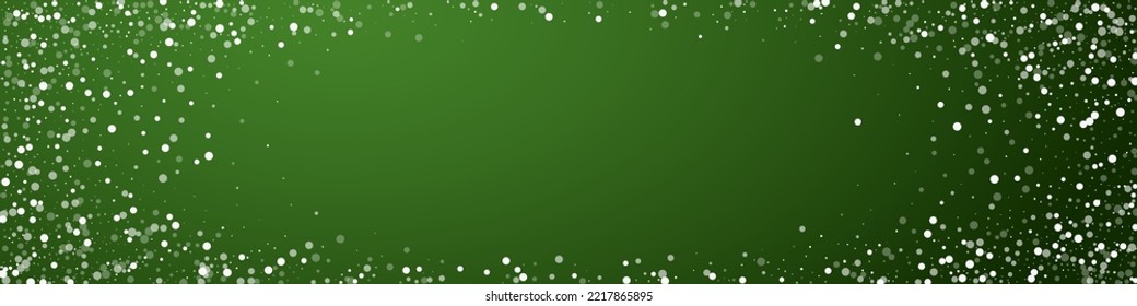 Falling snowflakes christmas background. Subtle flying snow flakes and stars on christmas green background. Beautifully falling snowflakes overlay. Panoramic vector illustration.