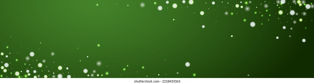 Falling snowflakes christmas background. Subtle flying snow flakes and stars on christmas green background. Beautifully falling snowflakes overlay. Panoramic vector illustration.
