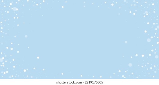 Falling snowflakes christmas background. Subtle flying snow flakes and stars on light blue winter backdrop. Beautifully falling snowflakes overlay. Wide vector illustration.