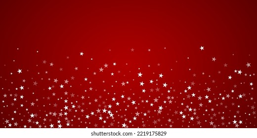 Falling snowflakes christmas background. Subtle flying snow flakes and stars on christmas red background. Beautifully falling snowflakes overlay. Wide vector illustration.