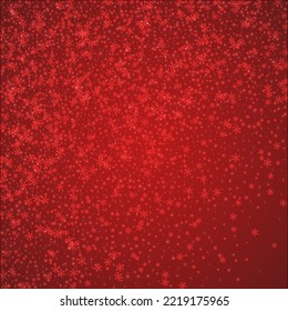 Falling snowflakes christmas background. Subtle flying snow flakes and stars on christmas red background. Beautifully falling snowflakes overlay. Square vector illustration.
