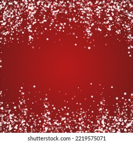 Falling snowflakes christmas background. Subtle flying snow flakes and stars on christmas red background. Beautifully falling snowflakes overlay. Square vector illustration.