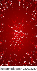 La caída de los copos de nieve hace el fondo de la navidad. Sutiles copos de nieve volando y estrellas de fondo rojo navideño. Los copos de nieve que caían con belleza se superponen. Ilustración vectorial vertical.