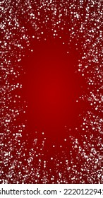 Falling snowflakes christmas background. Subtle flying snow flakes and stars on christmas red background. Beautifully falling snowflakes overlay. Vertical vector illustration.