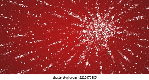 Falling snowflakes christmas background. Subtle flying snow flakes and stars on christmas red background. Beautifully falling snowflakes overlay. Wide vector illustration.