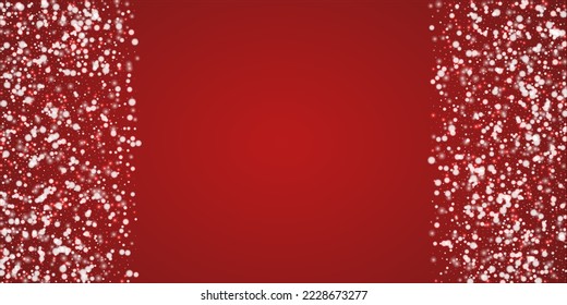 Falling snowflakes christmas background. Subtle flying snow flakes and stars on christmas red background. Beautifully falling snowflakes overlay. Wide vector illustration.