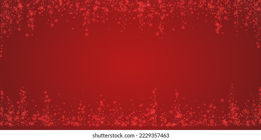 Falling snowflakes christmas background. Subtle flying snow flakes and stars on christmas red background. Beautifully falling snowflakes overlay. Wide vector illustration.