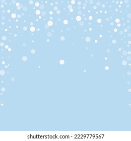 Falling snowflakes christmas background. Subtle flying snow flakes and stars on light blue winter backdrop. Beautifully falling snowflakes overlay. Square vector illustration.