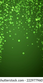 Falling snowflakes christmas background. Subtle flying snow flakes and stars on christmas green background. Beautifully falling snowflakes overlay. Vertical vector illustration.