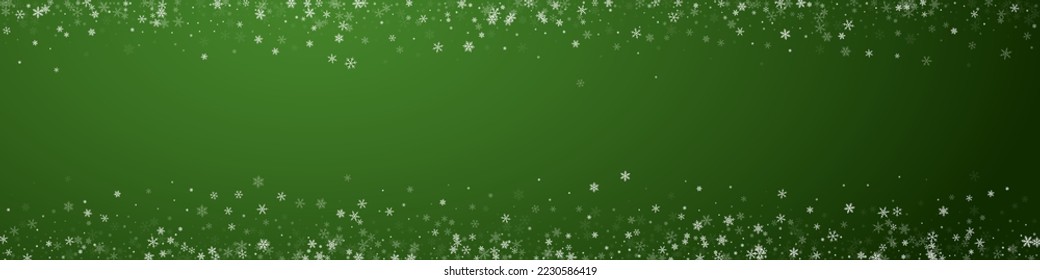 Falling snowflakes christmas background. Subtle flying snow flakes and stars on christmas green background. Beautifully falling snowflakes overlay. Panoramic vector illustration.