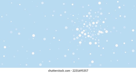 Falling snowflakes christmas background. Subtle flying snow flakes and stars on light blue winter backdrop. Beautifully falling snowflakes overlay. Wide vector illustration.