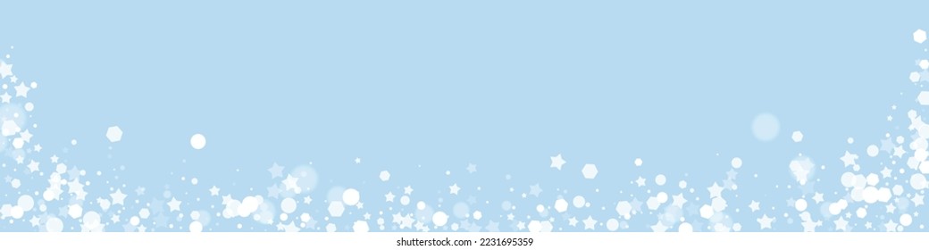 Falling snowflakes christmas background. Subtle flying snow flakes and stars on light blue winter backdrop. Beautifully falling snowflakes overlay. Panoramic vector illustration.
