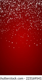 Falling snowflakes christmas background. Subtle flying snow flakes and stars on christmas red background. Beautifully falling snowflakes overlay. Vertical vector illustration.