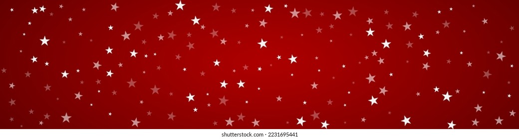 Falling snowflakes christmas background. Subtle flying snow flakes and stars on christmas red background. Beautifully falling snowflakes overlay. Panoramic vector illustration.