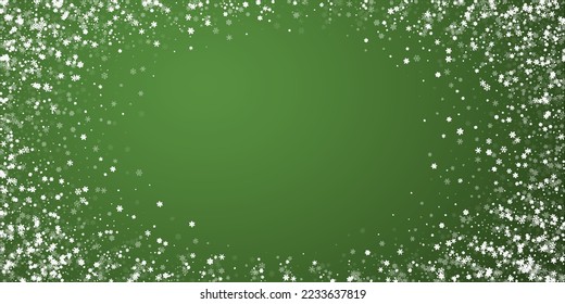 Falling snowflakes christmas background. Subtle flying snow flakes and stars on christmas green background. Beautifully falling snowflakes overlay. Wide vector illustration.