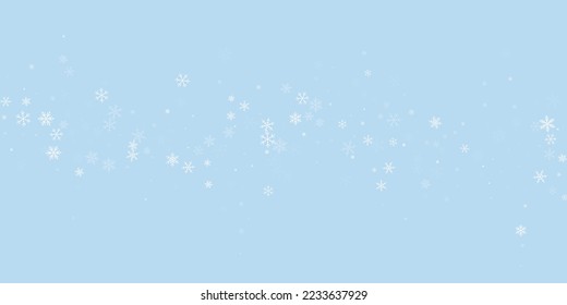 Falling snowflakes christmas background. Subtle flying snow flakes and stars on light blue winter backdrop. Beautifully falling snowflakes overlay. Wide vector illustration.