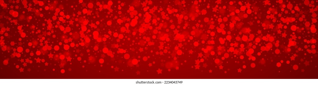 Falling snowflakes christmas background. Subtle flying snow flakes and stars on christmas red background. Beautifully falling snowflakes overlay. Panoramic vector illustration.