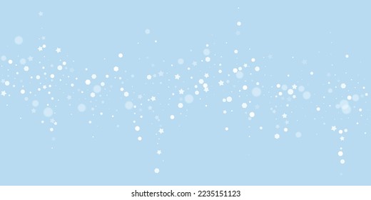 Falling snowflakes christmas background. Subtle flying snow flakes and stars on light blue winter backdrop. Beautifully falling snowflakes overlay. Wide vector illustration.
