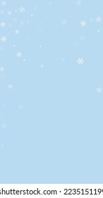 Falling snowflakes christmas background. Subtle flying snow flakes and stars on light blue winter backdrop. Beautifully falling snowflakes overlay. Vertical vector illustration.