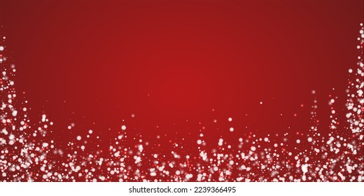 Falling snowflakes christmas background. Subtle flying snow flakes and stars on christmas red background. Beautifully falling snowflakes overlay. Wide vector illustration.