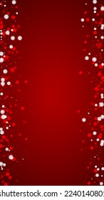 Falling snowflakes christmas background. Subtle flying snow flakes and stars on christmas red background. Beautifully falling snowflakes overlay. Vertical vector illustration.