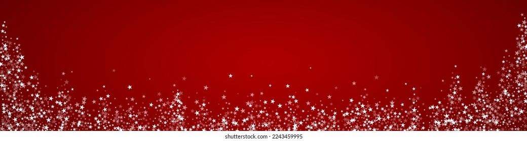 Falling snowflakes christmas background. Subtle flying snow flakes and stars on christmas red background. Beautifully falling snowflakes overlay. Panoramic vector illustration.