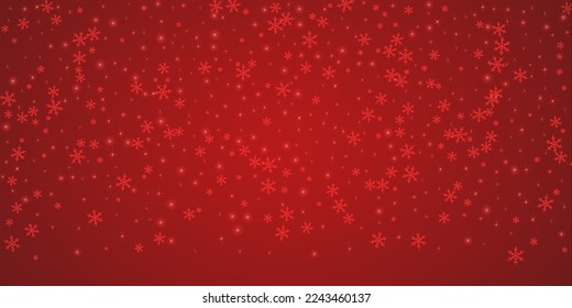 Falling snowflakes christmas background. Subtle flying snow flakes and stars on christmas red background. Beautifully falling snowflakes overlay. Wide vector illustration.