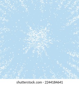 Falling snowflakes christmas background. Subtle flying snow flakes and stars on light blue winter backdrop. Beautifully falling snowflakes overlay. Square vector illustration.