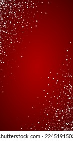 Falling snowflakes christmas background. Subtle flying snow flakes and stars on christmas red background. Beautifully falling snowflakes overlay. Vertical vector illustration.
