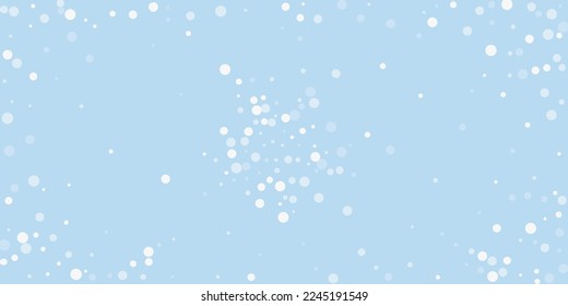 Falling snowflakes christmas background. Subtle flying snow flakes and stars on light blue winter backdrop. Beautifully falling snowflakes overlay. Wide vector illustration.