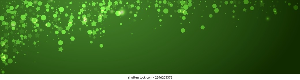 Falling snowflakes christmas background. Subtle flying snow flakes and stars on christmas green background. Beautifully falling snowflakes overlay. Panoramic vector illustration.