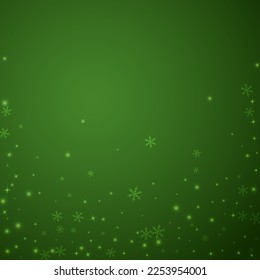 Falling snowflakes christmas background. Subtle flying snow flakes and stars on christmas green background. Beautifully falling snowflakes overlay. Square vector illustration.