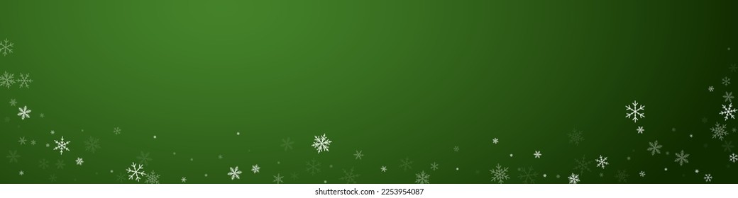 Falling snowflakes christmas background. Subtle flying snow flakes and stars on christmas green background. Beautifully falling snowflakes overlay. Panoramic vector illustration.