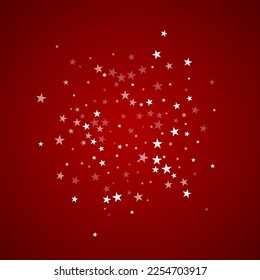 Falling snowflakes christmas background. Subtle flying snow flakes and stars on christmas red background. Beautifully falling snowflakes overlay. Square vector illustration.
