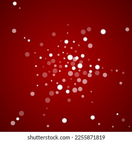 La caída de los copos de nieve hace el fondo de la navidad. Sutiles copos de nieve volando y estrellas de fondo rojo navideño. Los copos de nieve que caían con belleza se superponen. Ilustración vectorial cuadrada.