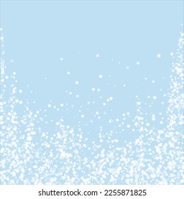 Falling snowflakes christmas background. Subtle flying snow flakes and stars on light blue winter backdrop. Beautifully falling snowflakes overlay. Square vector illustration.
