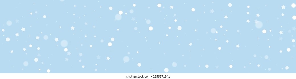 Falling snowflakes christmas background. Subtle flying snow flakes and stars on light blue winter backdrop. Beautifully falling snowflakes overlay. Panoramic vector illustration.