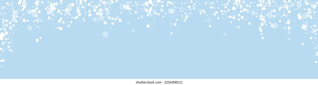 Falling snowflakes christmas background. Subtle flying snow flakes and stars on light blue winter backdrop. Beautifully falling snowflakes overlay. Panoramic vector illustration.