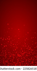 Falling snowflakes christmas background. Subtle flying snow flakes and stars on christmas red background. Beautifully falling snowflakes overlay. Vertical vector illustration.