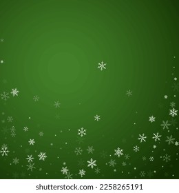 Falling snowflakes christmas background. Subtle flying snow flakes and stars on christmas green background. Beautifully falling snowflakes overlay. Square vector illustration.