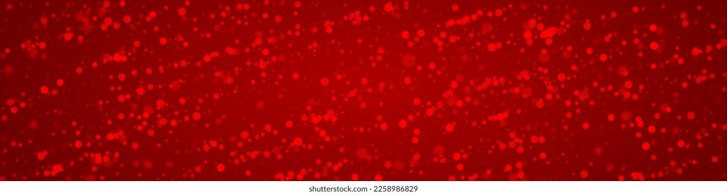 Falling snowflakes christmas background. Subtle flying snow flakes and stars on christmas red background. Beautifully falling snowflakes overlay. Panoramic vector illustration.