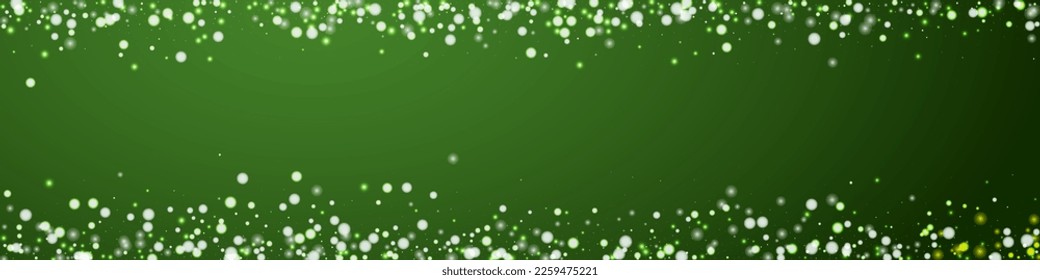 Falling snowflakes christmas background. Subtle flying snow flakes and stars on christmas green background. Beautifully falling snowflakes overlay. Panoramic vector illustration.