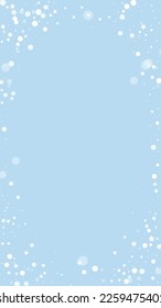 Falling snowflakes christmas background. Subtle flying snow flakes and stars on light blue winter backdrop. Beautifully falling snowflakes overlay. Vertical vector illustration.