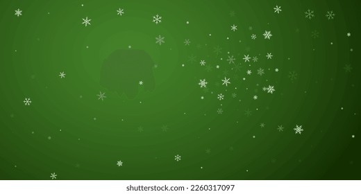 Falling snowflakes christmas background. Subtle flying snow flakes and stars on christmas green background. Beautifully falling snowflakes overlay. Wide vector illustration.