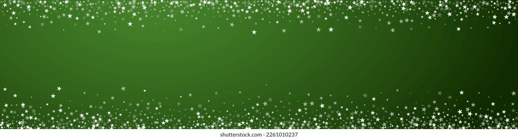 Falling snowflakes christmas background. Subtle flying snow flakes and stars on christmas green background. Beautifully falling snowflakes overlay. Panoramic vector illustration.