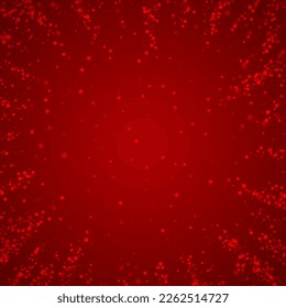 La caída de los copos de nieve hace el fondo de la navidad. Sutiles copos de nieve volando y estrellas de fondo rojo navideño. Los copos de nieve que caían con belleza se superponen. Ilustración vectorial cuadrada.